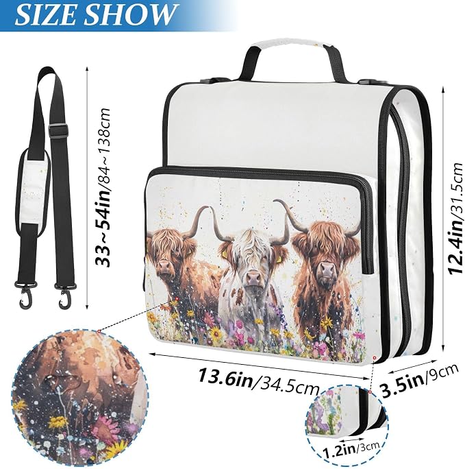 Watercolor Highland Cows Flowers Zipper Binder with Shoulder Strap Bag 3 Ring Binder Organizer Large Capacity Multiple Compartments for School Office