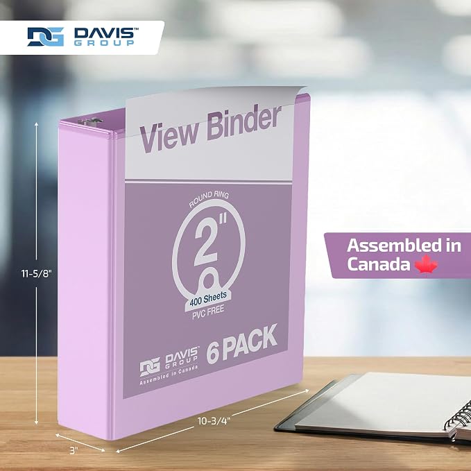 Pack of 6 Premium View Binders, Ring Binders with Clear-View Cover and Interior Pockets, Pastel Color Options, 2 Inch, Lavender