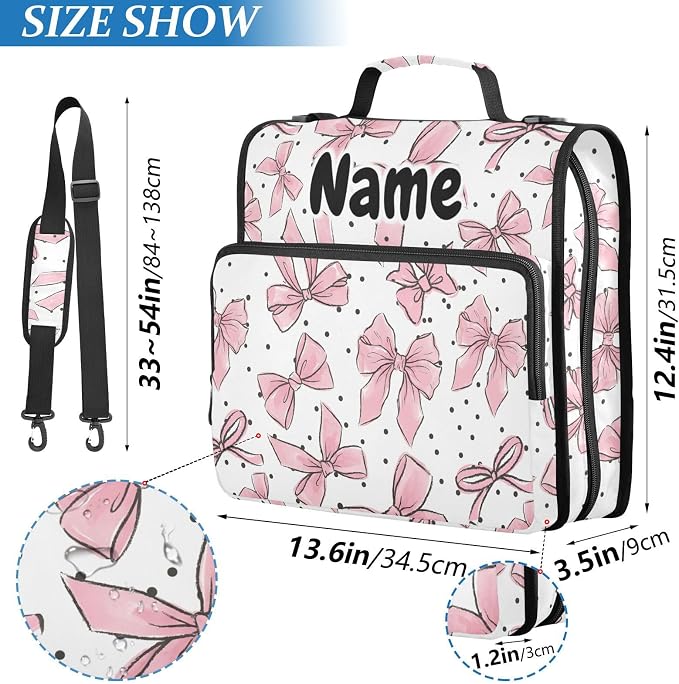 Custom Pink Bows Dots 3 Ring Binder Bag 1.5 inch Personalized Name Binder Organizer 500 Sheet Documents Storage for School Office