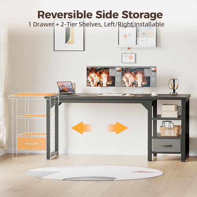 54 in Computer Desk with Drawer, 1" Thick Reversible Office Desk | Large Modern Writing Table with Storage Shelves, Heavy Duty Industrial Executive Desk for Home Bedroom Study Work
