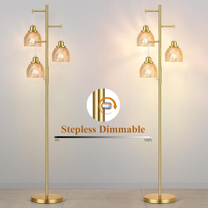 ROTTOGOON Dimmable Gold Floor Lamps for Living Room, Vintage Tree Standing Lamp with Glass Shades, 3 Light Mid Century Flower Floor Lamps for Bedroom, Office, 6W, Brushed Gold & Amber Shades
