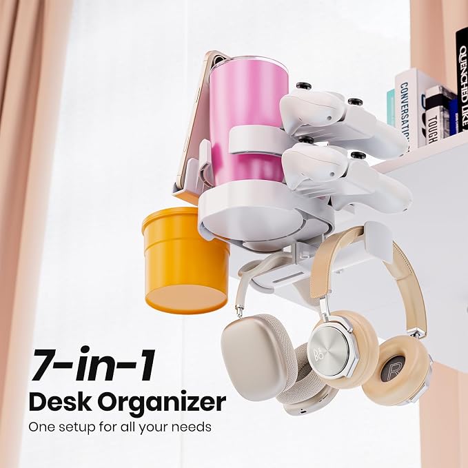 7-in-1 Cup Holder - EURPMASK Desk Organizer with Headphone, Controller Holder, Snack Bucket, and Phone Holder, Clamp-On Desk Accessory with Sturdy Large Storage, Easy to Install, White