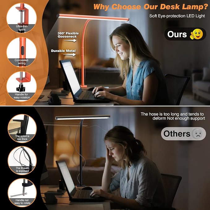 Airlonv LED Desk Lamp with Clamp, 17" Stepless Dimming Light, Orange | 2700K-6500K, 100 LEDs, 360° Gooseneck, Fits Up to 30" Monitors, Flicker-Free Lighting for Home Office, Study& Workbench