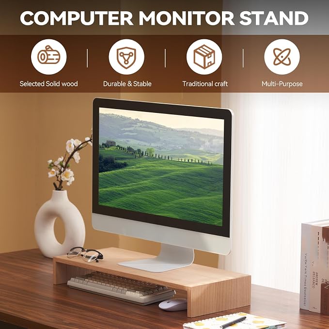 KIRIGEN Wood Monitor Stand Riser for Desk, 23.2 Inch, Natural 59-NA | Desktop Workspace Platforms Stand Fully Assembled for Monitors, Laptops, Small TVs, or Printers