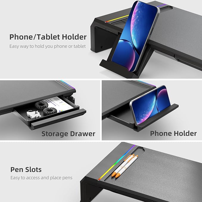 Heymaster Monitor Stand for Desk, Gaming Monitor Riser with RGB Light, Foldable Computer Monitor Stand Riser, Desk Organizers and Accessories for Desktop, Printer (Black)