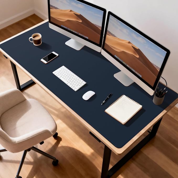Leather Desk Pad Protector, Office Desk Mat, Large Mouse Pad, Non-Slip PU Leather Desk Blotter, Waterproof Computer Desk Writing Pad for Office and Home (Dark Blue, 47.2" x 23.6")