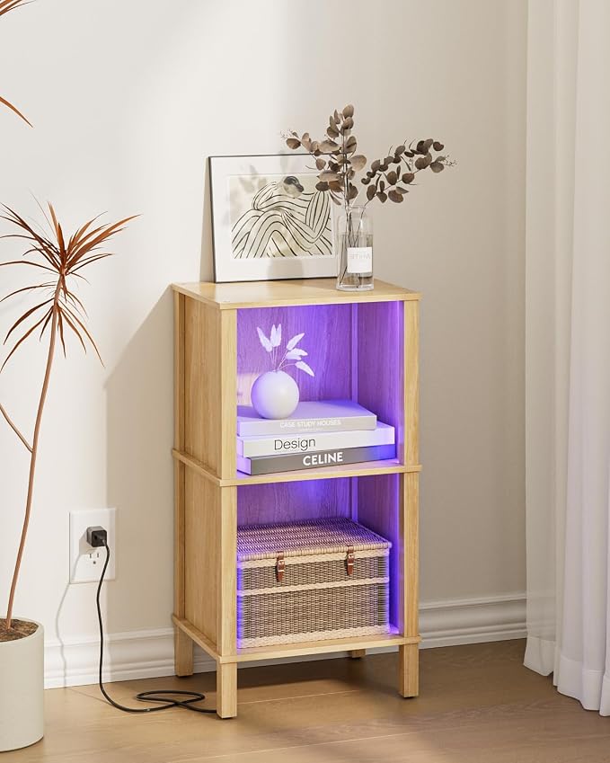 Bookshelf with LED Lights, Modern 2-Tier Bookcase, Open Storage Book Shelf, 11 × 14.2 × 27.4 Inches, Small Narrow Bookshelves for Living Room, Home Office, Bedroom, Natural