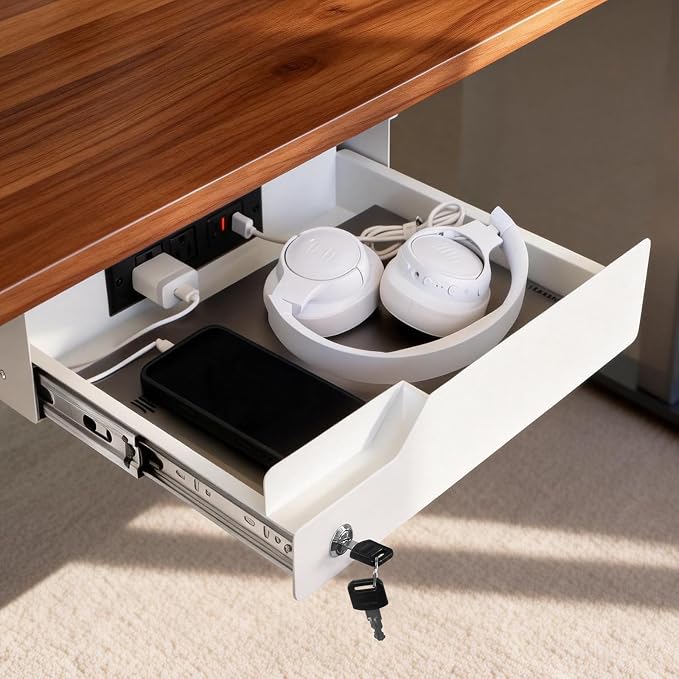 Under Desk Drawer Storage with Lock, Metal Undermount Table Drawer, Ball Bearing Slides Out Tray Organizer for Paper, Pencil, and Laptop,16"x11.8"x3.6", White With Power Strip