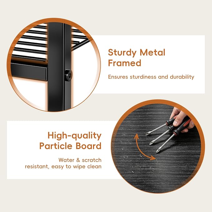 Industrial 3 Tier Printer Stand, Home Printer Wood Table with Wire Storage Shelf for Scanner Fax Machine, Heavy Duty Metal, Black with Burly Wood Board