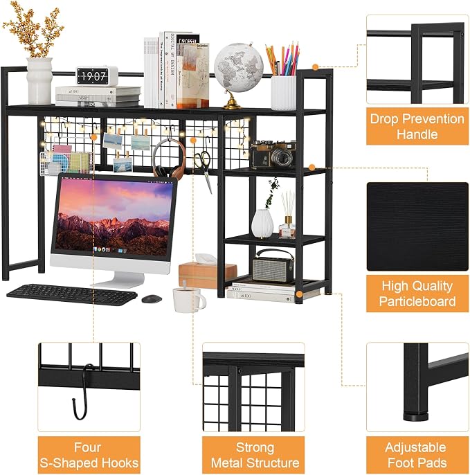 Snughome Desk Shelf, 44.9" Desktop Organizer Shelf, Desk Hutch for Computer Monitor, 4 Tier Desk Display Rack with Pegboard Hooks Set, Wood Desktop Bookshelf for Home Office Dorm
