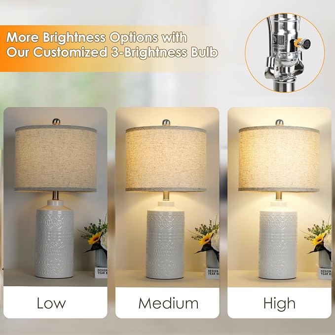 JUNNAI White Ceramic Table Lamp with Beige Shade: 3-Way Dimmable Night Stand Light Lamp 24.5" Modern Table Lamps for Living Room Bedroom End Table Office Entryway Lamps (Bulb Included