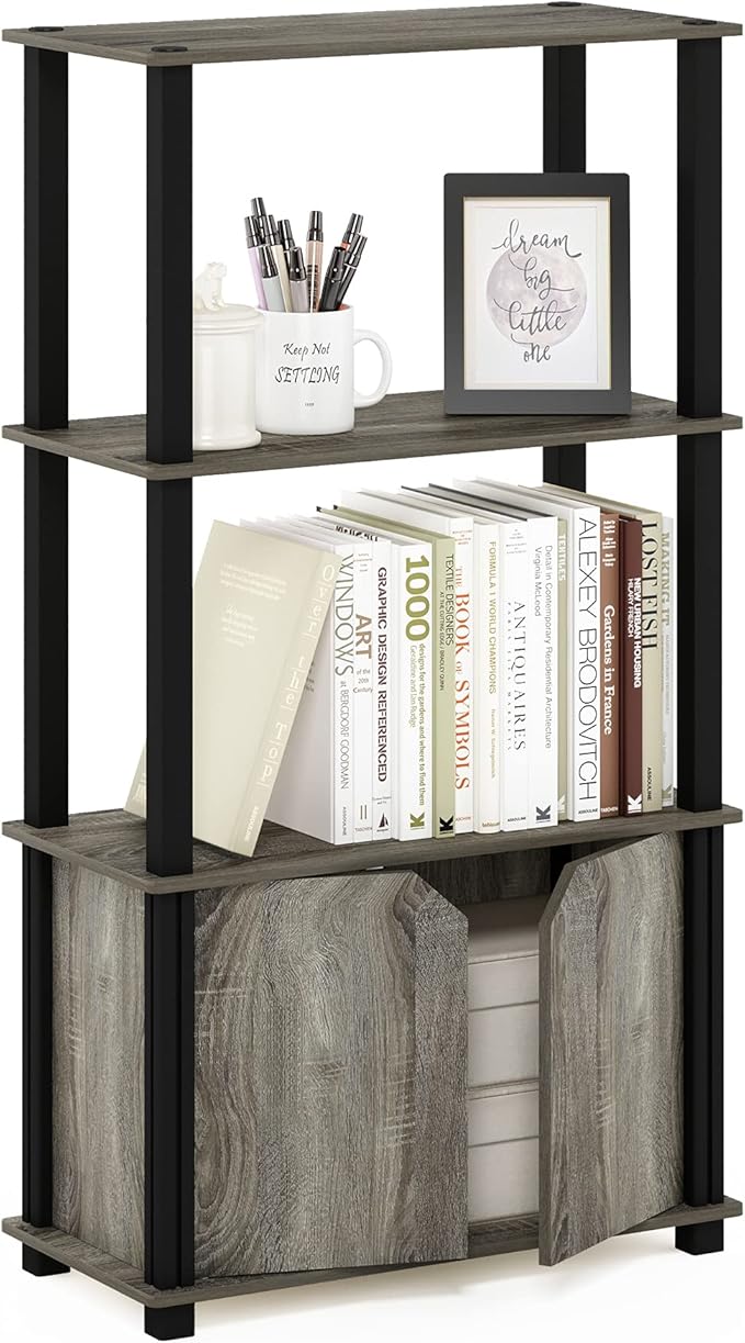 Furinno Go Green 4-Tier Storage Shelves, Book Shelf, French Oak | Open Shelf and Closed Storage, Bookcase, Display Shelf, for Organization and Storage, Living Room, Garage, Home Office