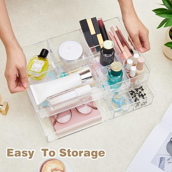 Briwooody 3 Pcs Clear Acrylic Desk Drawer Organizer 13.7 x 8.7 x 2 Inch Drawer Organizer Trays with 8 Compartments Desk Accessories for Office Makeup Silverware Bathroom