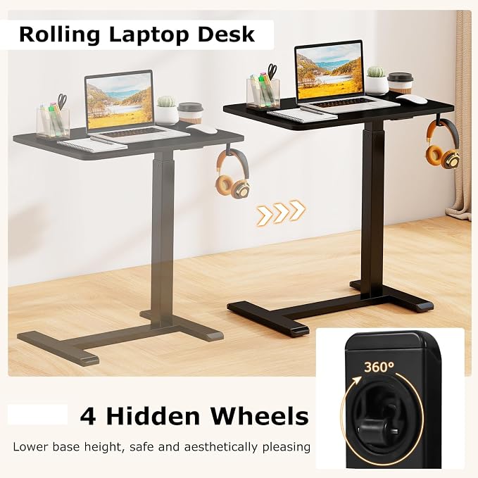 Tangkula Mobile Standing Desk, Pneumatic Height Adjustable Rolling Desk with Cup Holder & Headphone Hook, Overbed Table with Hidden Wheels, Laptop Computer Cart for Couch, Home, Office (Black)
