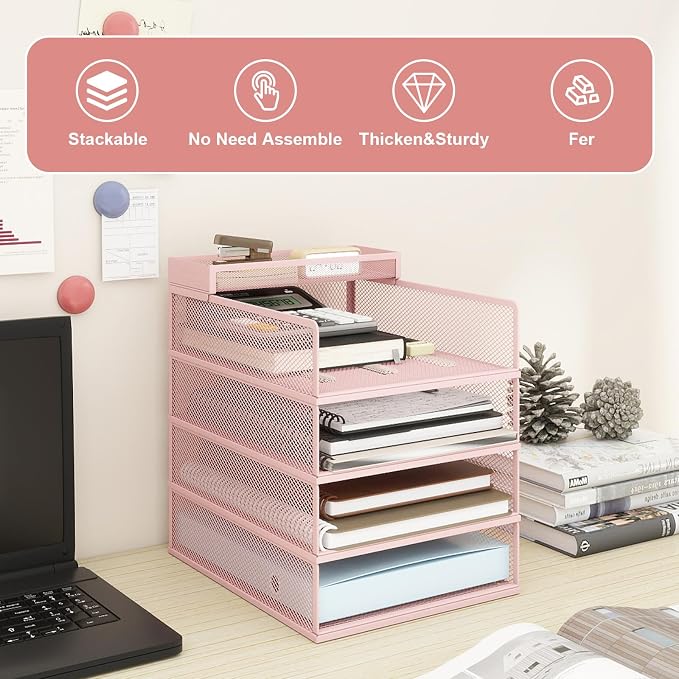 Natwind 4-Tier Stackable Metal Mesh Letter Paper Tray Organizer,Pink | Desk Organizer For Paper,Document,Mail Tray For Office Supplies,File Holder For Home Office School Classroom Organization