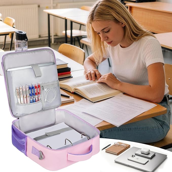 Zipper Binder Bag 3 Ring 3 Inch, 700 Sheets Capacity Binder Organizer with Detachable Backpack Straps & Shoulder Strap, Portable File Storage Case for College Office Travel, Pink&Purple
