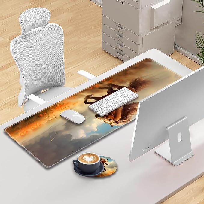 Extended Gaming Mouse Pad 31.5" x 11.8", with Edge Stitching, Non-Slip Rubber Base Keyboard Pad, Suitable for Work, Game, Office, Home and Coasters, Running Horse