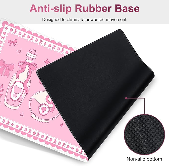 Desk Mat Pad, Gaming Mouse Pad Wrist Support Set, 4 in1 Non-Slip XXL Large Mousepad + Ergonomic Keyboard Wrist Rest+Mouse Wrist Rest+Coaster for Home Office Computer I Pink Kawaii Bow Bottle
