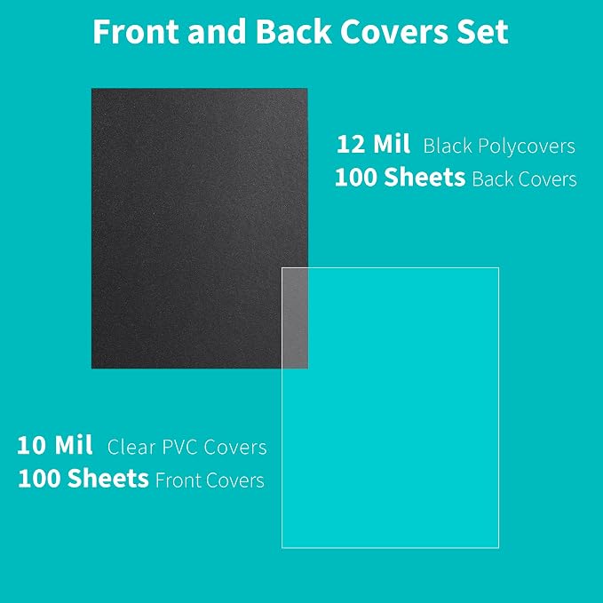 Binditek 200 Pack Binding Covers Set, 8.5x11 Inches, 10Mil PVC & 12Mil Poly | Binding Covers and Backs Set, Letter Size, 10 Mil Clear PVC Binding Cover, 12Mil Black Poly Cover, Square Corners, Unpunched