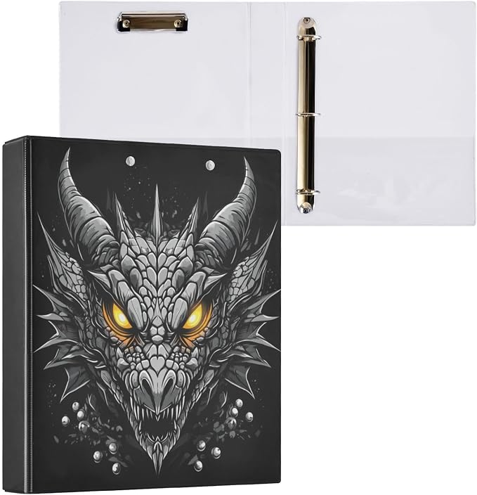 JIPONI 3 Ring Binder Dragon Head Silver 1 Inch Round Binders for Men Women Students, Cute File Organizer for Office Home School