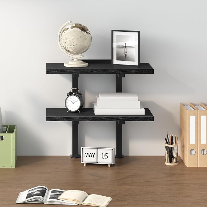 MAHANCRIS Clamp On Desk Organizer, 2-Tier Desktop Bookshelf, Adjustable Desk Storage Shelf, Metal Frame, for Office, Study and Game Room, Black DSBK3501