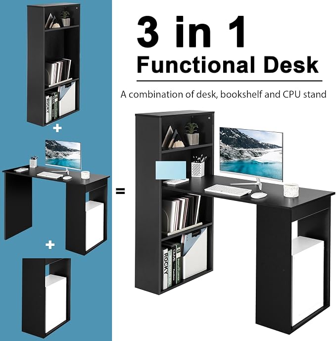 Tangkula Computer Desk with Bookshelf, Writing Study Desk with Storage Shelves & CPU Stand, Modern Compact Computer Workstation for Home & Office, Space-Saving Design (Black) | Bookcase Desk w/Bookshelf Storage Shelves & CPU Stand, Space-Saving Design ...