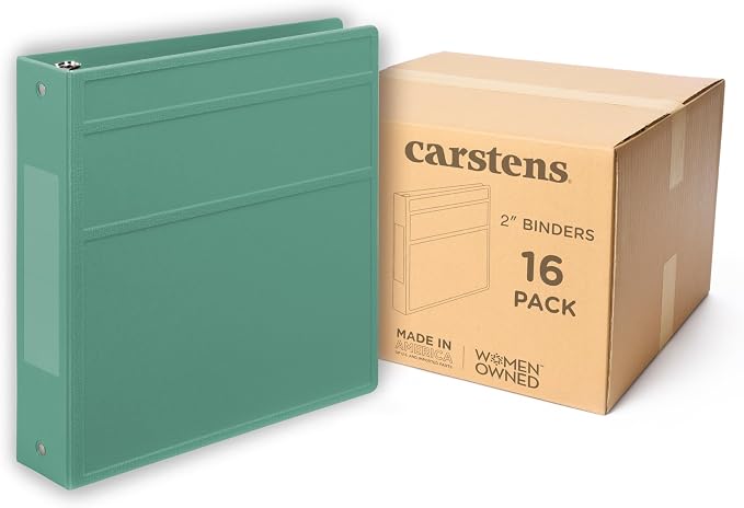 Carstens 2-Inch Heavy Duty 3-Ring Binder - Side Opening, Mint, Durable Plastic, No-Gap Rings, Waterproof Covers, No Pockets, Holds 300 Letter-Sized Sheets, BPA-Free, Made in USA (2827-3R), Case of 16