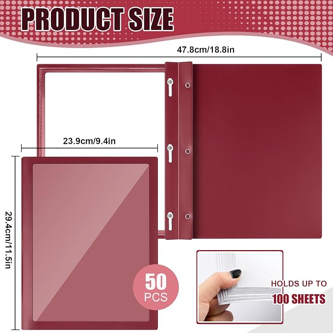 Teling 50 Pcs Report Covers with 3 Prong Fasteners Clear Front Presentation Folders Frame View Poly Report Folder Presentation Binder for Paper Document School Office (Red)