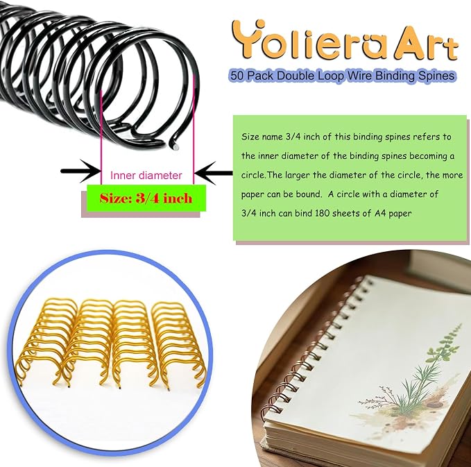 Double Loop Binding Wires for Students and Coworkers, 50 Pack Twin Loop Wire Binder Combs Spines for Booking Letter Size and Binding-Machines (50P, 2:1 Pitch, Gold, 3/4 Inch (180 Sheet Capacity))