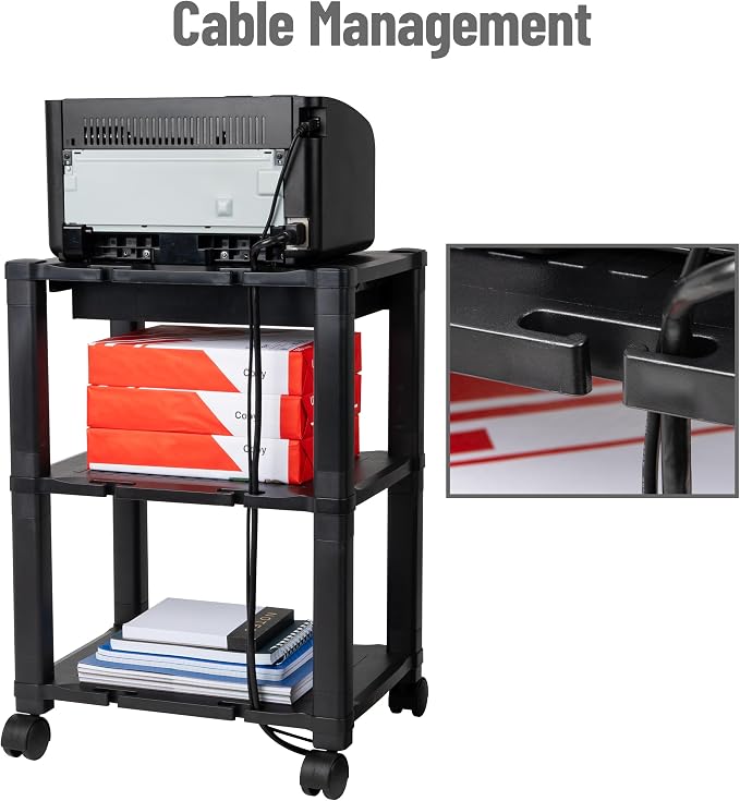 Mind Reader Compact Rolling Printer Cart, Utility Stand with Wheels and Drawer, Space Saving Printer Stand for Home Office, Adjustable 2 or 3 Tier, Black