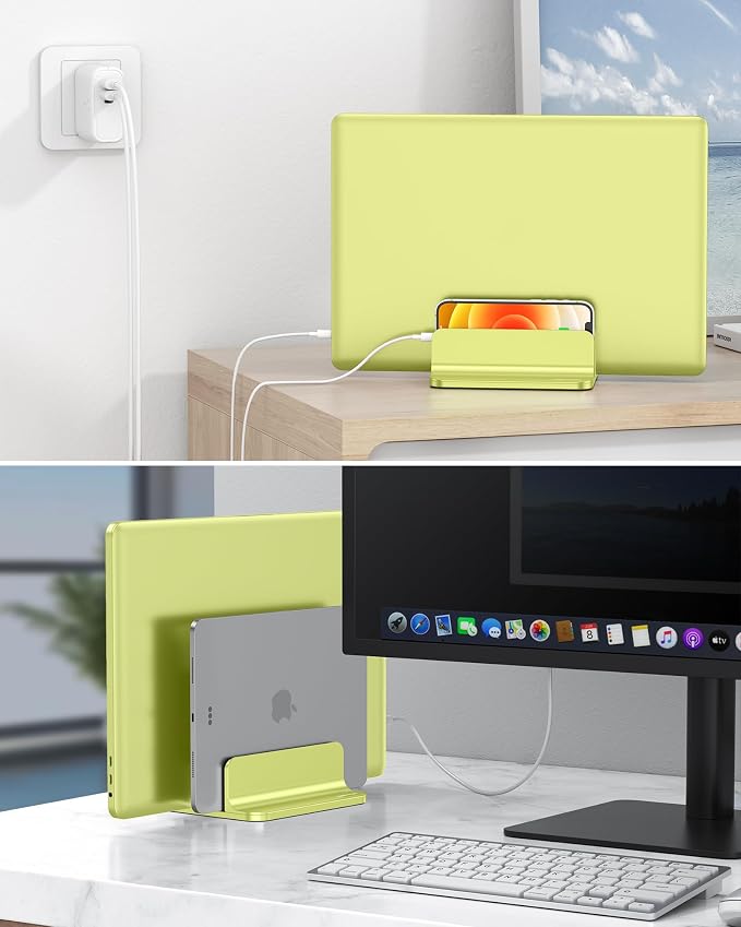 OMOTON Dual Vertical Desk Laptop Stand Holder, Fits MacBook Air/Pro, Citron | Aluminum Laptop Storage Rack for Desk, Adjustable Dock for Up to 17.3 in. Gaming Laptop, Space-Saving Desk Organizer