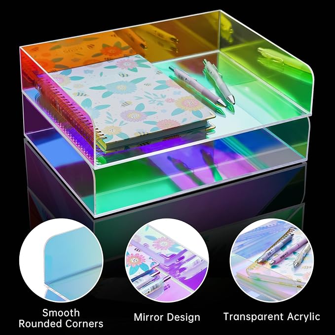 2-Tier Letter Tray Stackable Acrylic Desk Organizer File Holder | Iridescent Rainbow Paper Sorter For Desktop Document Office Accessories Storage Mail Organizer School Workspace Organization