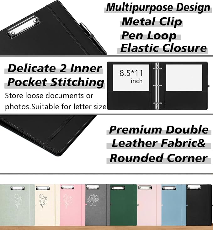 Leather 3 Ring Binder, 2 Inch Binders with Clipboards, 5-Tabs Pockets Dividers, 18 Divider Stikers, Plastic Folder, Pen Holder, Three Ring Binder with Pen Holder(Black, Letter Size)