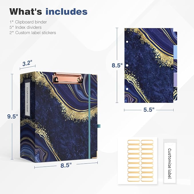 Ospelelf Mini 3-Ring Binder, 2-Inch, Cute for 5.5" x 8.5" with 5 Tab Dividers, File Folder Labels and Low Profile Clipboards, Blue Marble for School and Office