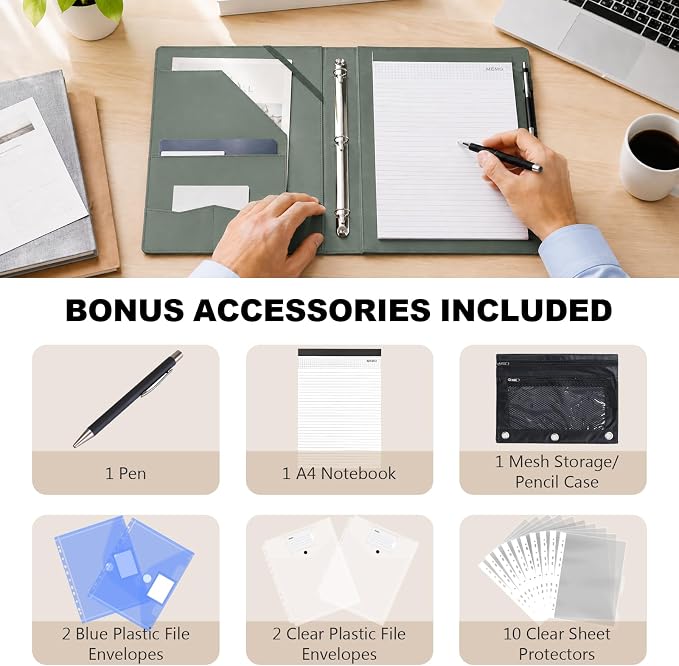 Leathario 1 Inch 3 Ring Binder with Clipboard Storage Vegan Leather | Includes 10 Clear Divider Pockets, 4 Envelope Pockets, 1 Pen Bag and 1 Pen, Suitable for A4/8.5x11 Paper, for Students Work