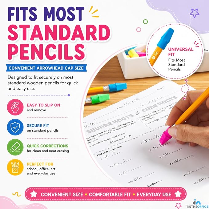 1InTheOffice Pencil Cap Erasers, Assorted Colors, Arrowhead Caps Tops Eraser, Eraser Cap for Art, School, Office Use, and Classroom Set, 12 Pack (Assorted Colors, 12 Pack)