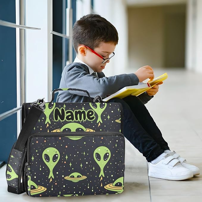 Custom Green Aliens Space 3 Ring Binder Bag 1.5 inch Personalized Name Binder Organizer 500 Sheet Documents Storage for School Office