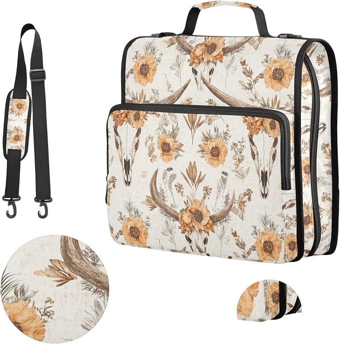 Western Boho Cow Skull Flower Zipper Binder with Shoulder Strap Bag 3 Ring Binder Organizer Large Capacity Multiple Compartments for School Office