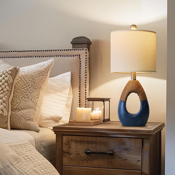 19" Table Lamp for Living Room,Boho Lamp for Bedroom, Bedside for Nightstands, Suitable for Small Space,Coastal Farmhouse, End Table, Rattan Nautical Beach Style, Blue,1 Pack