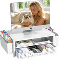 Desk Organizers and Accessories, Computer Monitor Stand Riser with Drawer and 2 Pen Holders, Printer & Laptop Stand, Office Desk Accessories & Workspace Organizers for Home Office Supplies, White