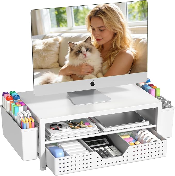 Desk Organizers and Accessories, Computer Monitor Stand Riser with Drawer and 2 Pen Holders, Printer & Laptop Stand, Office Desk Accessories & Workspace Organizers for Home Office Supplies, White