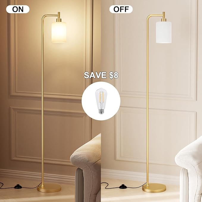 Ziisee Floor Lamps for Living Room - Industrial Standing Lamp with Frosted White Glass Shade, Modern Gold Floor Lamp with LED Bulbs, Farmhouse Floor Lamp for Bedroom, Tall Lamp for Office - Gold