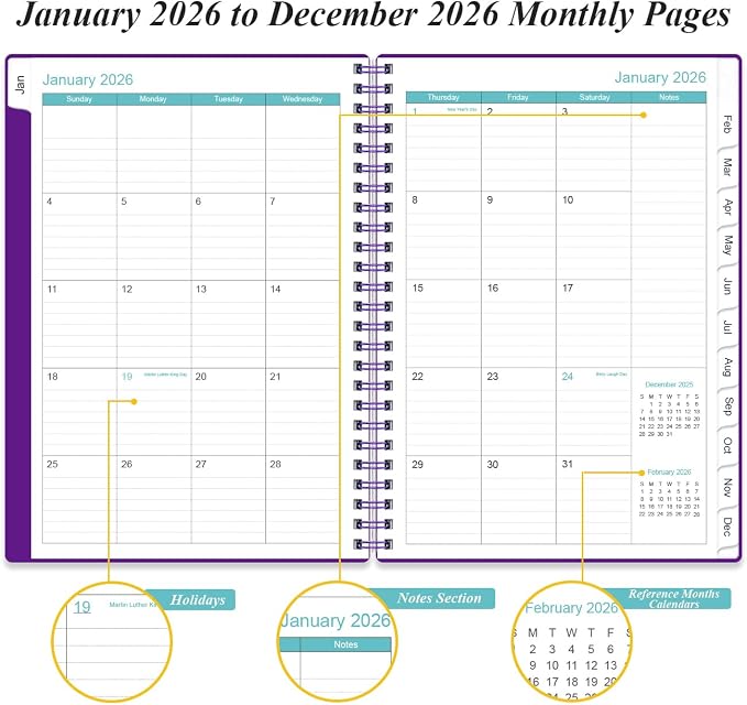 Daily Planner 2026 Full Page Per Day- 2026 Daily & Monthly Planner from January 2026 to December 2026, Day Planner 2026 with 12 Months Tabs, 6.4" x 8,5", Purple