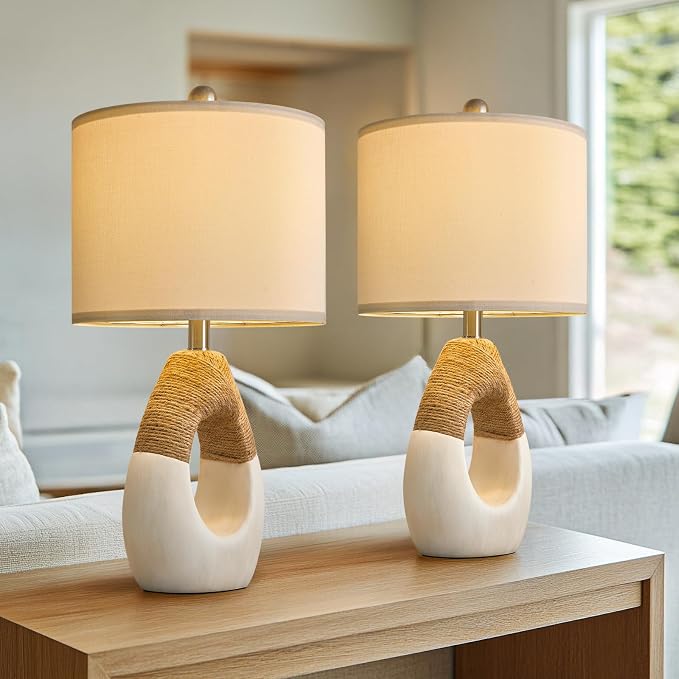 22” Boho Table Lamps for Bedroom Living Room Upgraded Set of 2 Medium Farmhouse Rattan Table Lamps, Rustic Home Decoration Nightstand Bedside Lamp for Office (Not Include Bulbs)