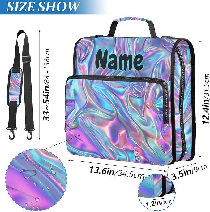 Custom Metallic Liquid Painting Rainbow 3 Ring Binder Bag 1.5 inch Personalized Name Binder Organizer 500 Sheet Documents Storage for School Office