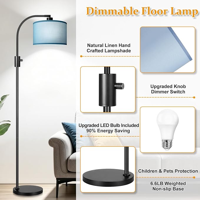 Nintiue Dimmable Black Floor Lamp, 1200 Lumens LED Edison Bulb Included, Arc Gold Floor Lamps for Living Room Modern Standing Lamp with Sky Blue Shade