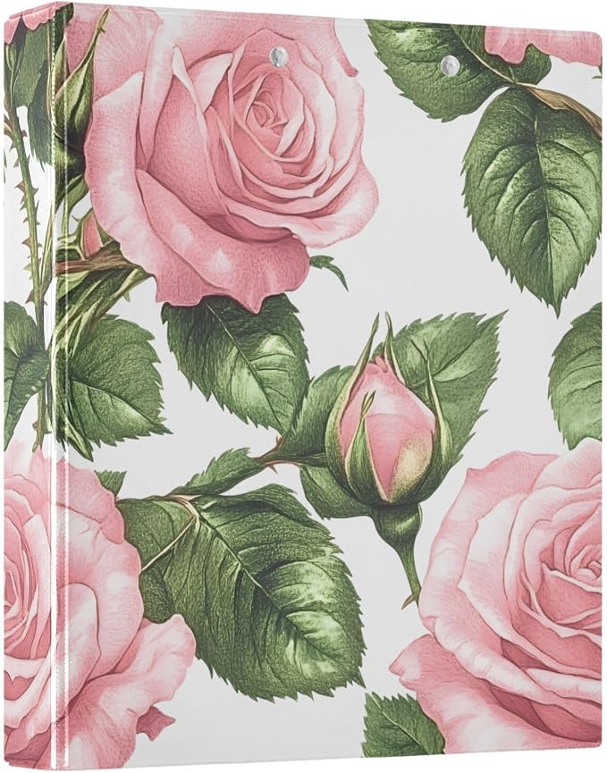 3 Ring Binder Pink Rose Floral Green Leaves 1.5 inch Binders Three Ring Binders with Clipboard Fit 8.5'' x 11'' Paper 3 Interior PVC Clear Pockets for Office Supplies