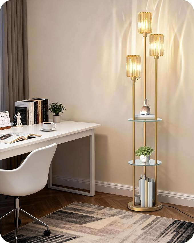 Gold Floor Lamp with Shelves, Modern Floor Lamp with 3 Crystal Shades and Foot Switch, 3-Light Standing Lamp with 3 Shelves, for Living Room, Bedroom, Study, Office, Gold D53LD05