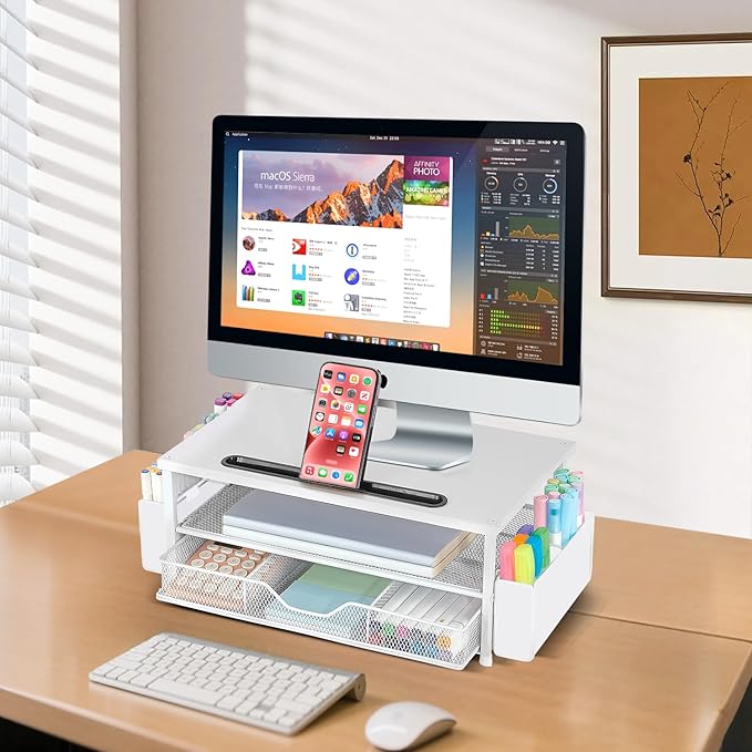 AUPSEN White Monitor Stand Riser, 2-Tier Wood Computer Desk Organizer with Drawer, Pen Storage & Phone Holder, Office Desk Accessories Desktop Organizer for Office Supplies (White)