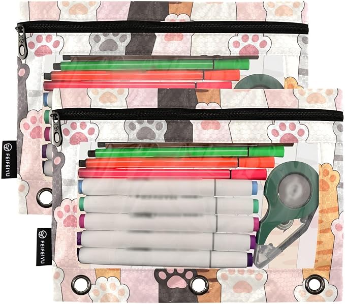 Cat Paw Prints Pencil Pouch for 3 Ring Binder, 2 Pack Waterproof Pencil Bags Clear Window Pencil Case Zipper School Office Supplies